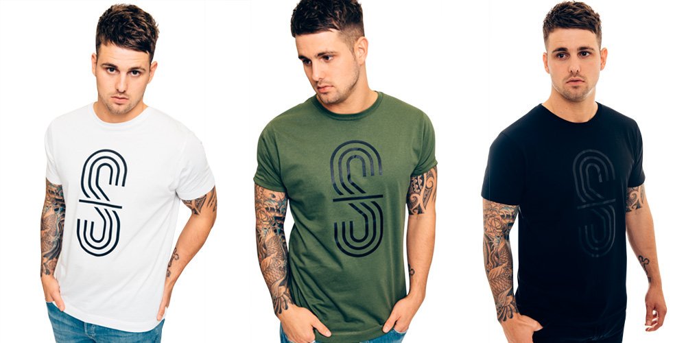 Three men in white, green and black t-shirts for highstreetgent